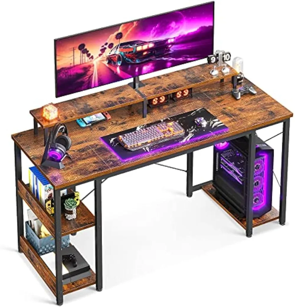 55 inch Computer Desk with Monitor Shelf and Storage Shelves, Writing Desk, Study Table with CPU Stand & Reversible Shelves, poyinco p 093 1 anti slip camera clamp mount monitor 360 degree ball head magic arm with 1 4 and 3 8 thread for dslr led lights crab clamp