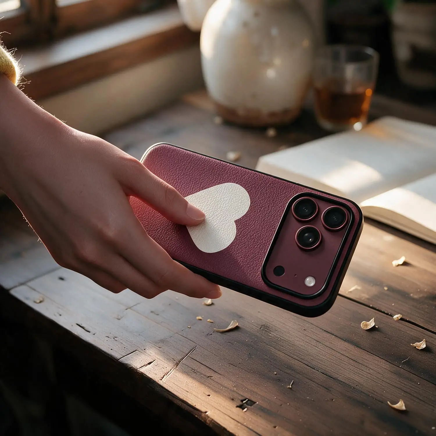Luxury Burgundy Red Genuine Leather Shockproof Phone Case with Heart Pattern