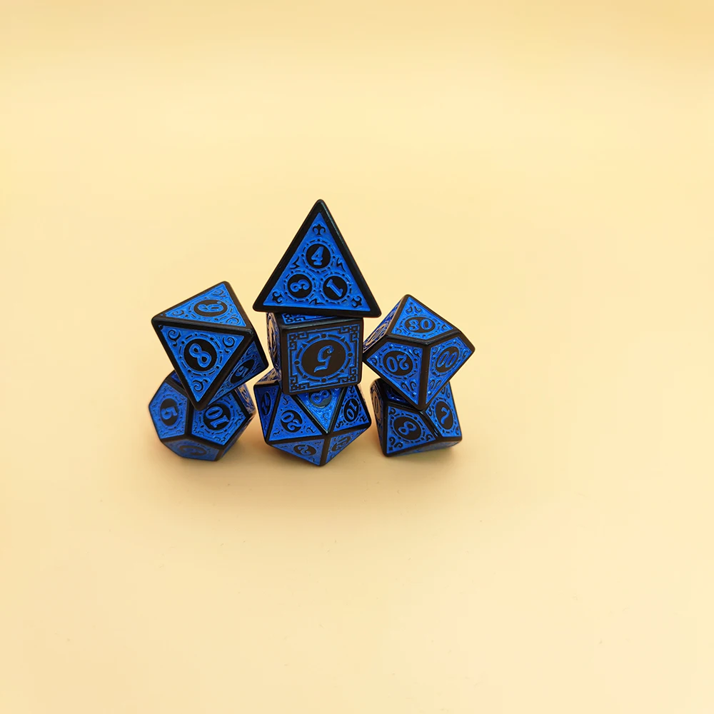 

2023 New Blue Polyhedral 7-Die Carved Pattern Dice Set of Table Game D4 D6 D8 D10 D% D12 D20 for RPG DND