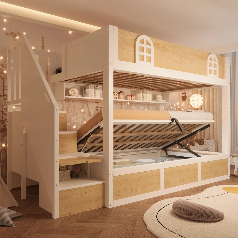 Children Bunk Bed with Staircase Storage 90x200cm Double Bed Safety Lattice No Mattress Included
