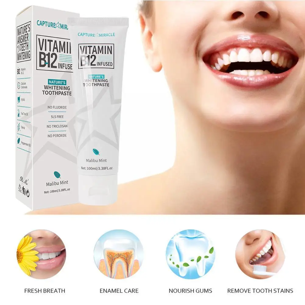 100ml Vitamin B12 Toothpaste Mint Brighten Gum Repair Hygiene Remove Fresh Tooth Whitening Beauty Oral Stains Breath Health T5Z8
