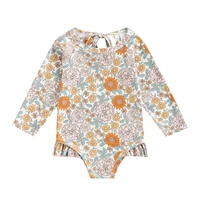 Baby Swimsuit Cute Summer Infant Baby Girls Swimwear Heart/ Flower Print Long Sleeve Ruffle Bathing Suit Children Beach Wear 1