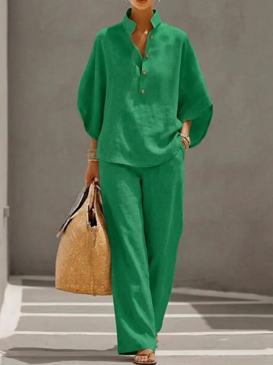 รูปสินค้า ชุดแฟชั่นผ้าฝ้ายลินิน 2 ชิ้น ใส่สบายสไตล์เรโทร