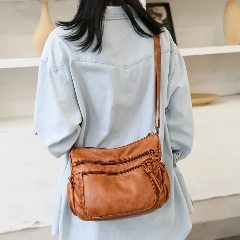 Washed leather women's bag 2024 European and American retro shoulder bag versatile large-capacity crossbody bag PU soft leather
