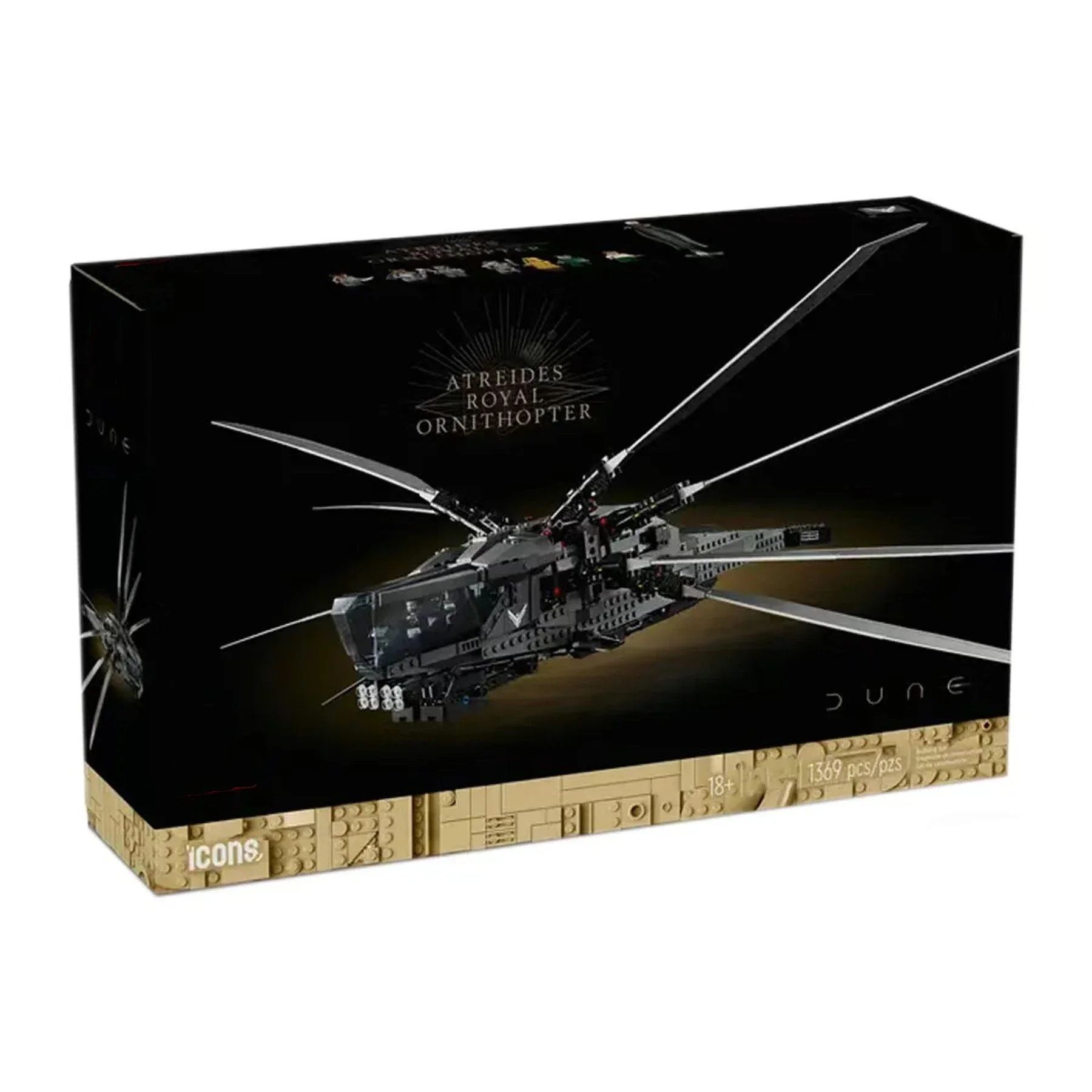 

1369PCS ICONS Movie Dune Atreides Royal Ornithopter 10327 Space Dragonfly Plane Arrakis Planet Aircraft Building Blocks Toy Gift