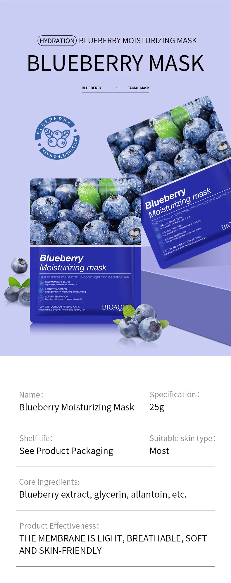BIOAQUA Blueberry Moisturizing Sheet Mask - 25g - 51602 : Bioaqua ...