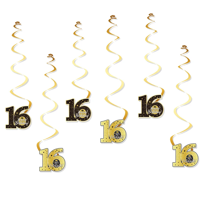 6Pcs 16/18/21/30/40/50/60/70 Years Old Birthday Party Spiral Garlands Swirl Banner Pendants Birthday Party Ceiling Hanging Decor