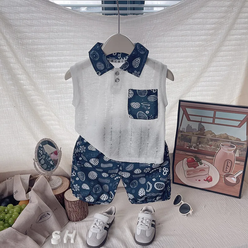  남자아이 옷  남아 2피스 네이비 프린트 민소매 폴로 탑과 반바지 세트 캐주얼 여름 의상 데일리 파티 휴가룩