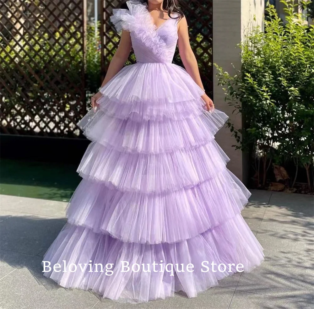 

Customized Lilac Tulle Tiered Prom Dresses V Neck Formal Puffy Long Party Gowns Bride Pageant Ruffles Celebrity Prom Dress 2024