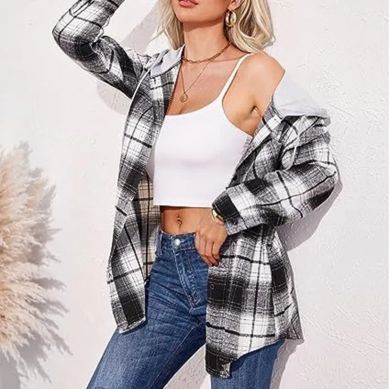 Autumn and Winter Women's Hooded Plaid Drawstring Button Contrast Pocket Long Sleeve Cardigan Shirt Coat Fashion Casual Tops