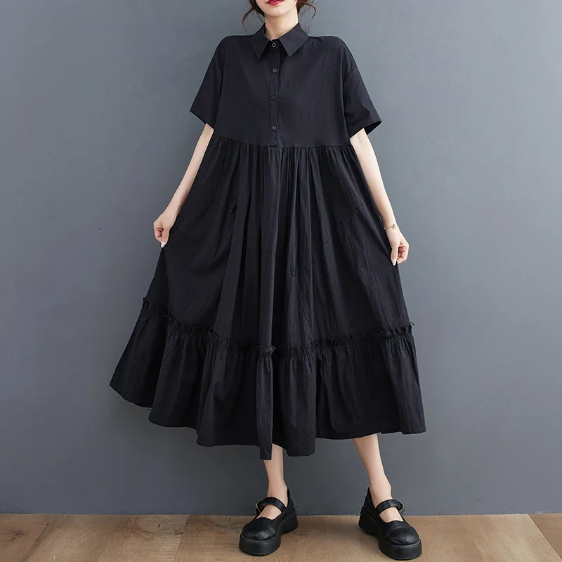 

#3638 Black Ruffled Pleated Midi Dress Women Polo-Neck Long Shirt Dress Female Short Sleeve Loose Buttons Thin Vintage A-line