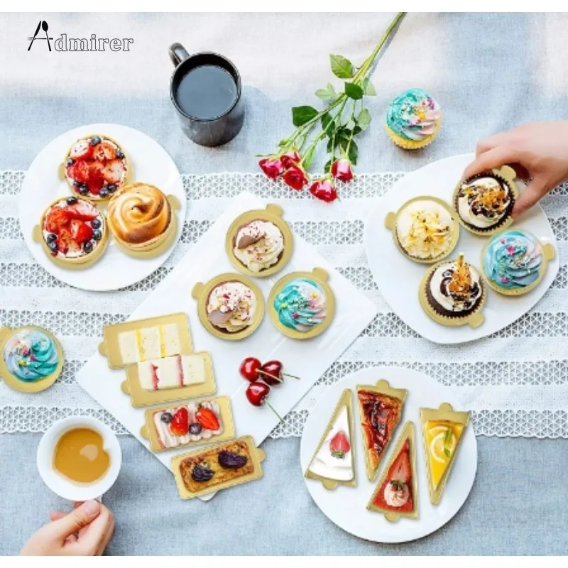 100 Pcs 8/9cm 골든 케이크베이스 일회용 라운드 무스 디저트 보드 음식 종이 매트 케이크 디스플레이 트레이 베이킹 액세서리 도구