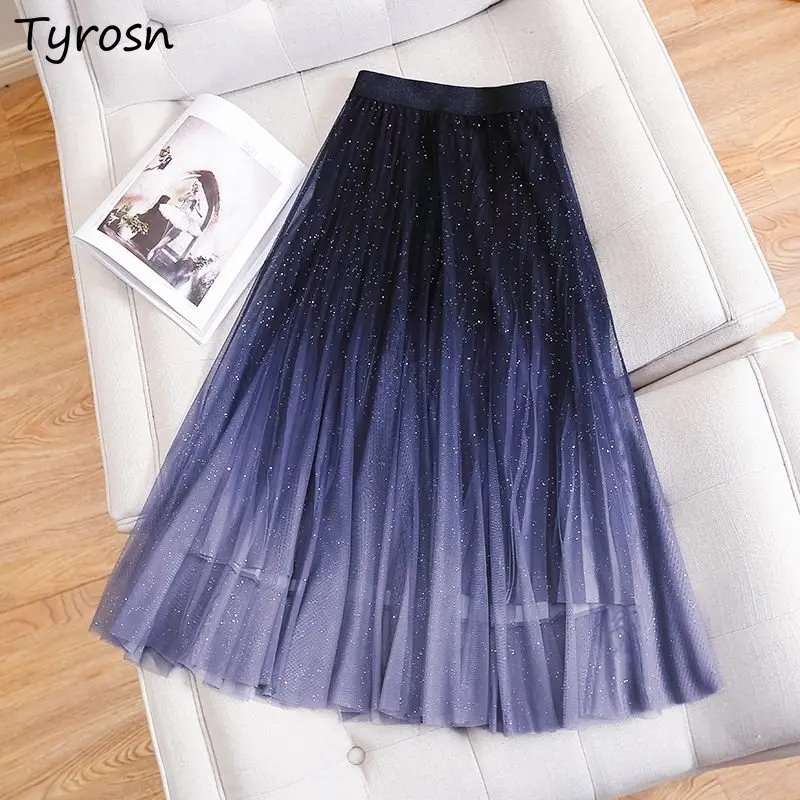 Gonne Donna Design Temperamento Paillettes Pieghettato Quotidiano Dolce Signore Midi Faldas Stile Coreano Gradiente Primavera Chic Tenero Casual