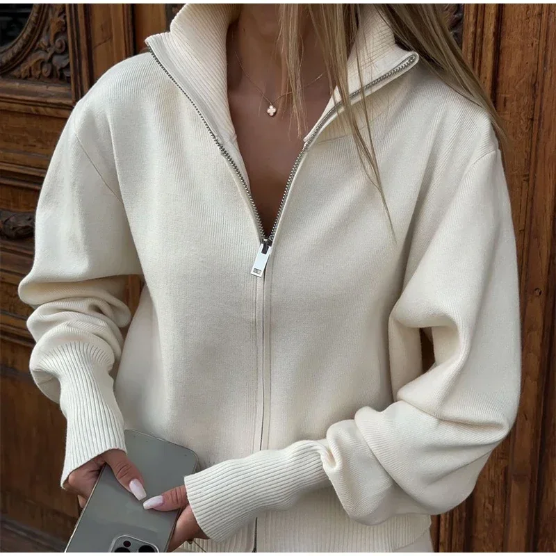 Knitted Pants Sets Women Stand Collar Zipper Cardigan Loose High Waist Pants Suits Autumn Winter New in Matching Outfits