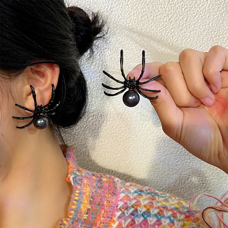Spider Pearl Earring Black Trendy Personality for Women Alloy