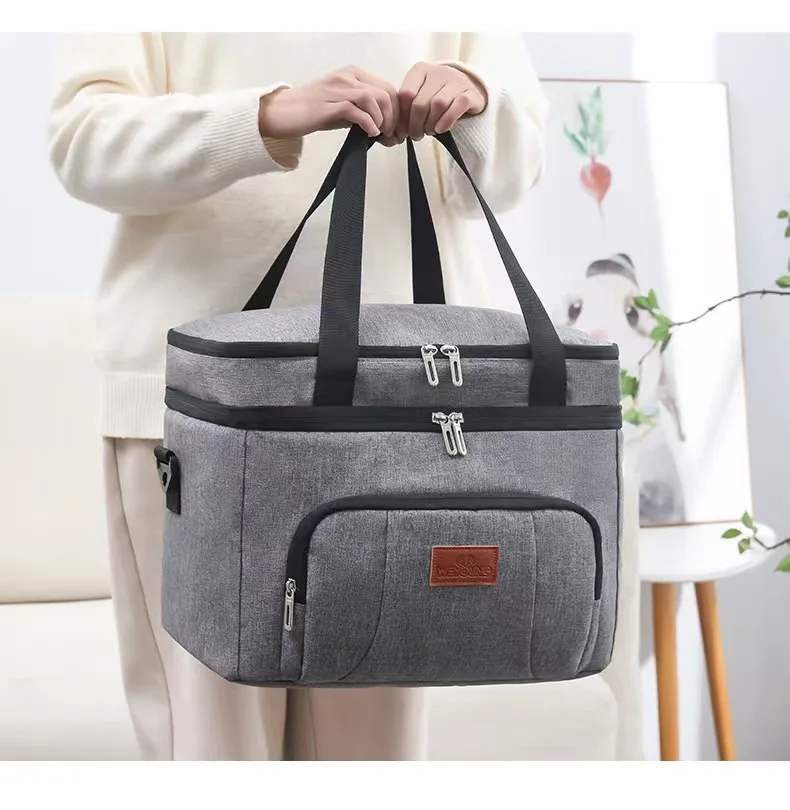Double Layer Tote Cooler Lunch Bag - Large Capacity Travel Picnic Box with Shoulder Strap for Men  Women