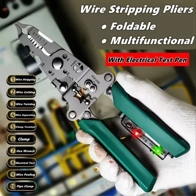 Winter New Multifunctional Wire Stripper with Electrical Test Pen Foldable Cable Cutter Crimper Tool Electrical Folding Pliers