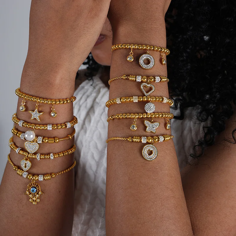 

Heart Beaded with Rhinestone Titanium Steel Gold Plated Bracelets For Women Versatile Jewelry