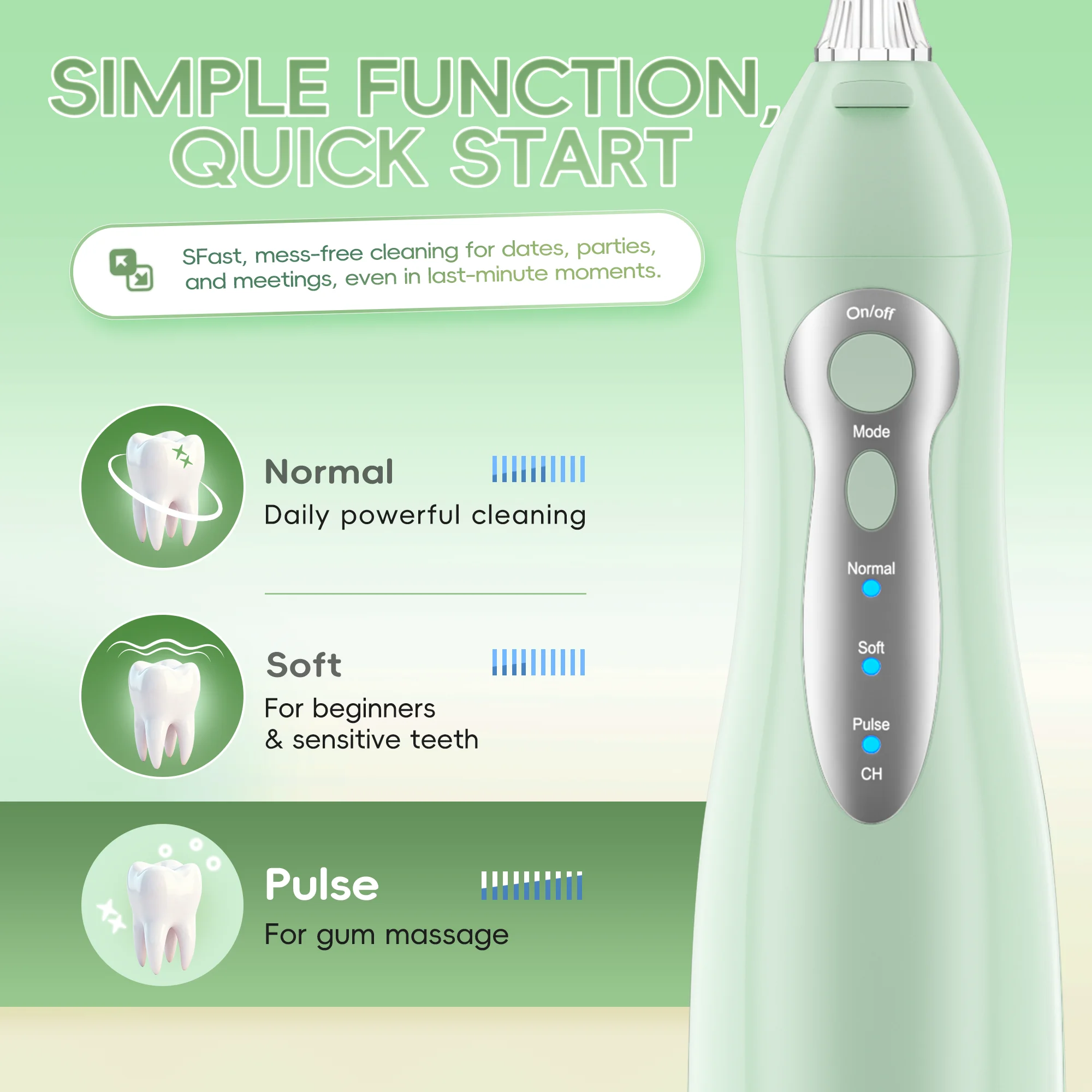 모른웰 워터 플로서 치아 세정기 - 휴대용 300ML 픽젯 3가지 모드, 충전식 IPX7 방수 치아 청소기-5012D(D52)