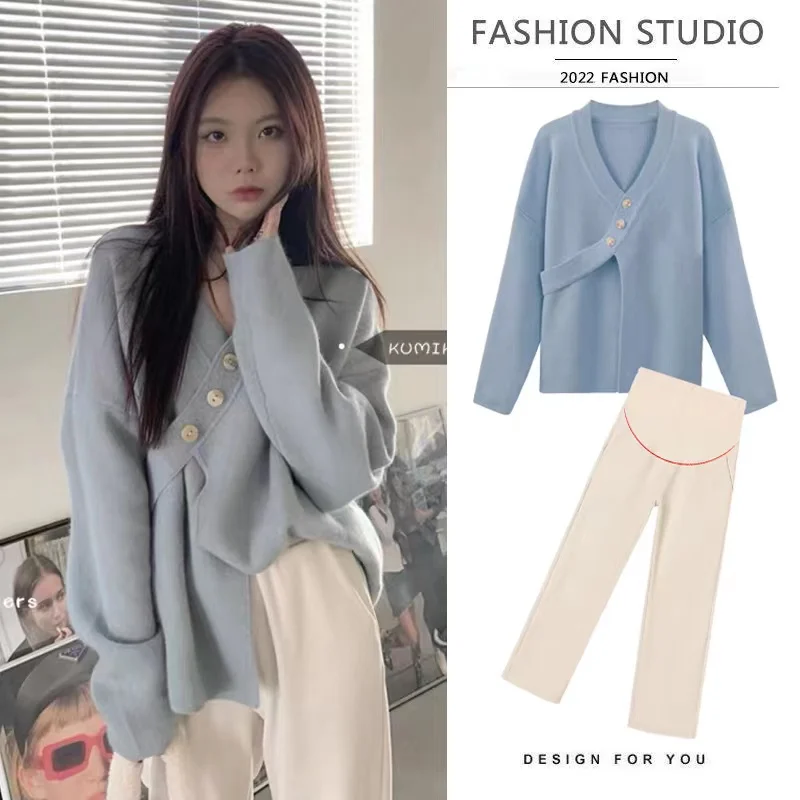 3084# Autumn Winter Knitted Maternity Cardigan Sweaters Chic Ins Loose Warm Shirt Clothes for Pregnant Women Pregnancy Tops