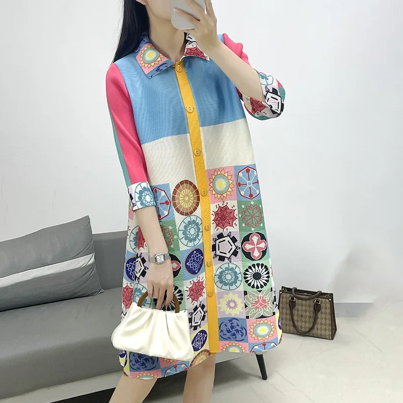 

2024 Spring Pleated New Miyake Casual Print Color Blocking Three Quarter Sleeve Cardigan Dress Women's Pleated Skirt