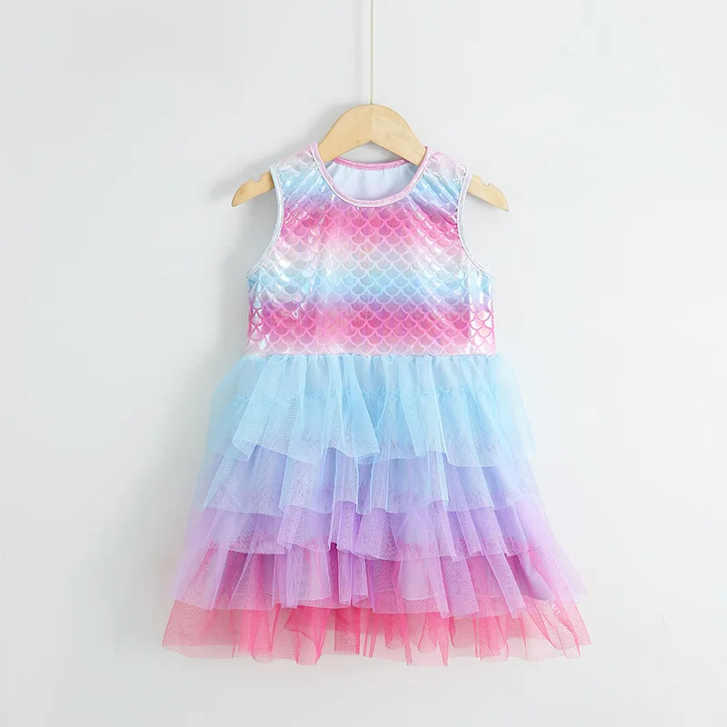 thumbnail image 1 of Vestido de sirena para niña de 3 a 8 años, tutú de princesa arcoíris, vestidos de fiesta de cumpleaños, traje de moda, 1 of 5