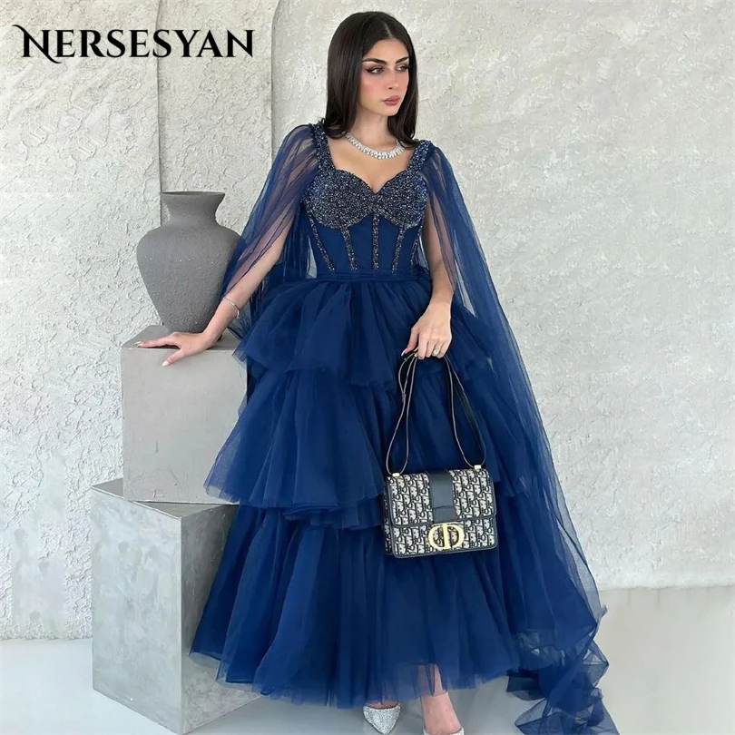 

Nersesyan Elegant Blue Tulle Formal Evening Gowns Saudi Arabic A Line Draped Beads Party Dresses Tiered Pleats Prom Gown 2023
