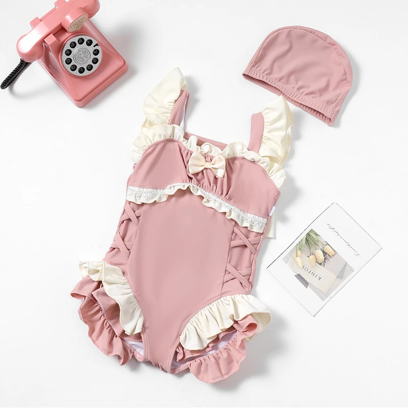 

1 Piece Korean Fashion Baby Swimsuit for Girls Pink Beige Color Bow Toddler Girls Swimwear Set Summer Kids Girl Clothes