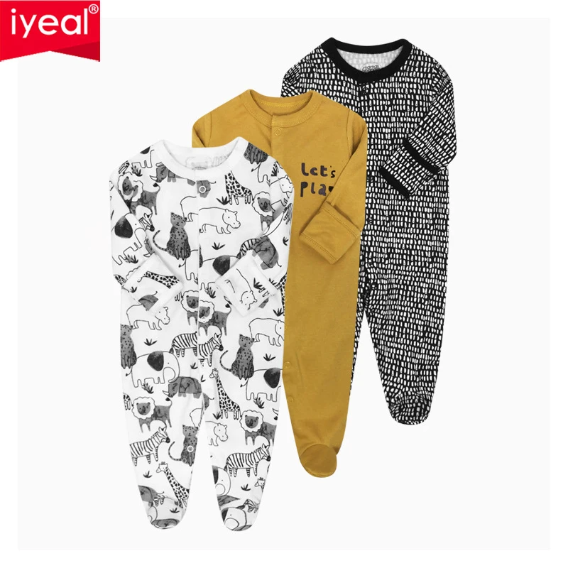 IYEAL Infant Spring Fall 100% Cotton Pajamas Bebe Costume Home Wear Newborn Rompers Baby Boy Girl Toddler Clothes 3Pcs/Lot