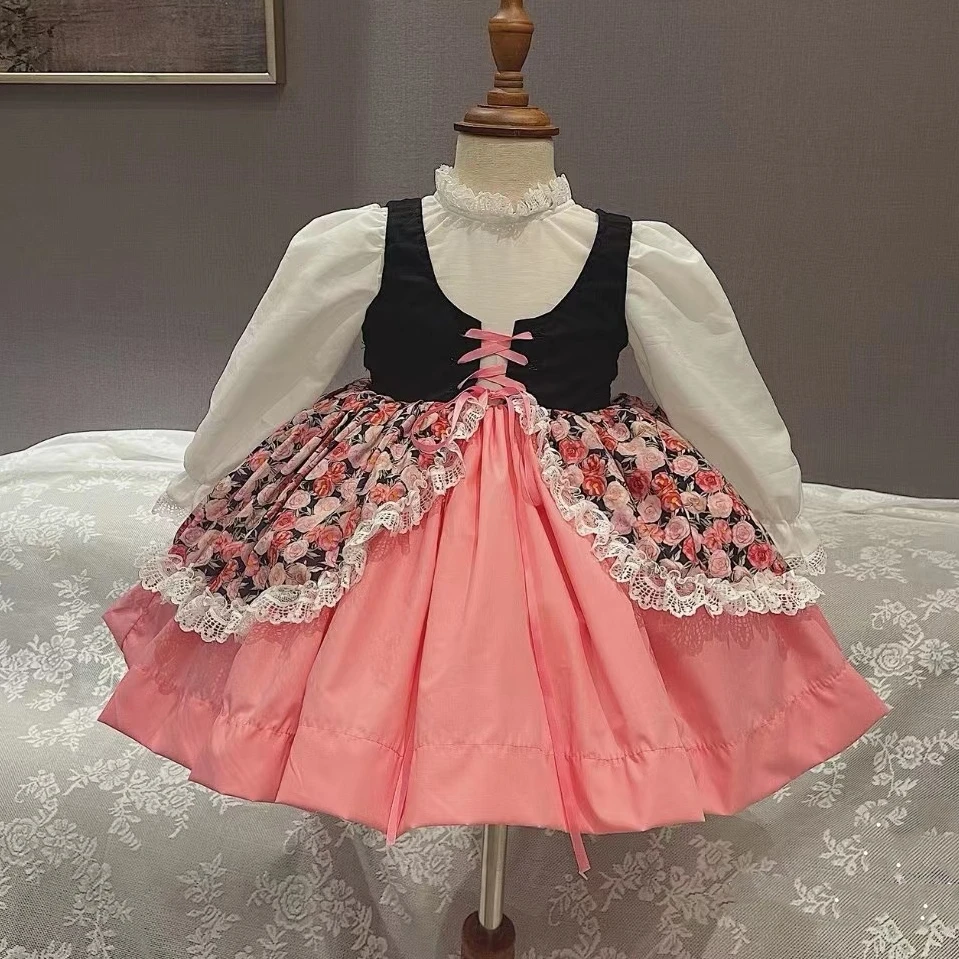 

1-12Y Baby Girl Autumn Long Sleeves Pink Rose Floral Vintage Turkish Princess Dress for Birthday Eid Photography Christmas