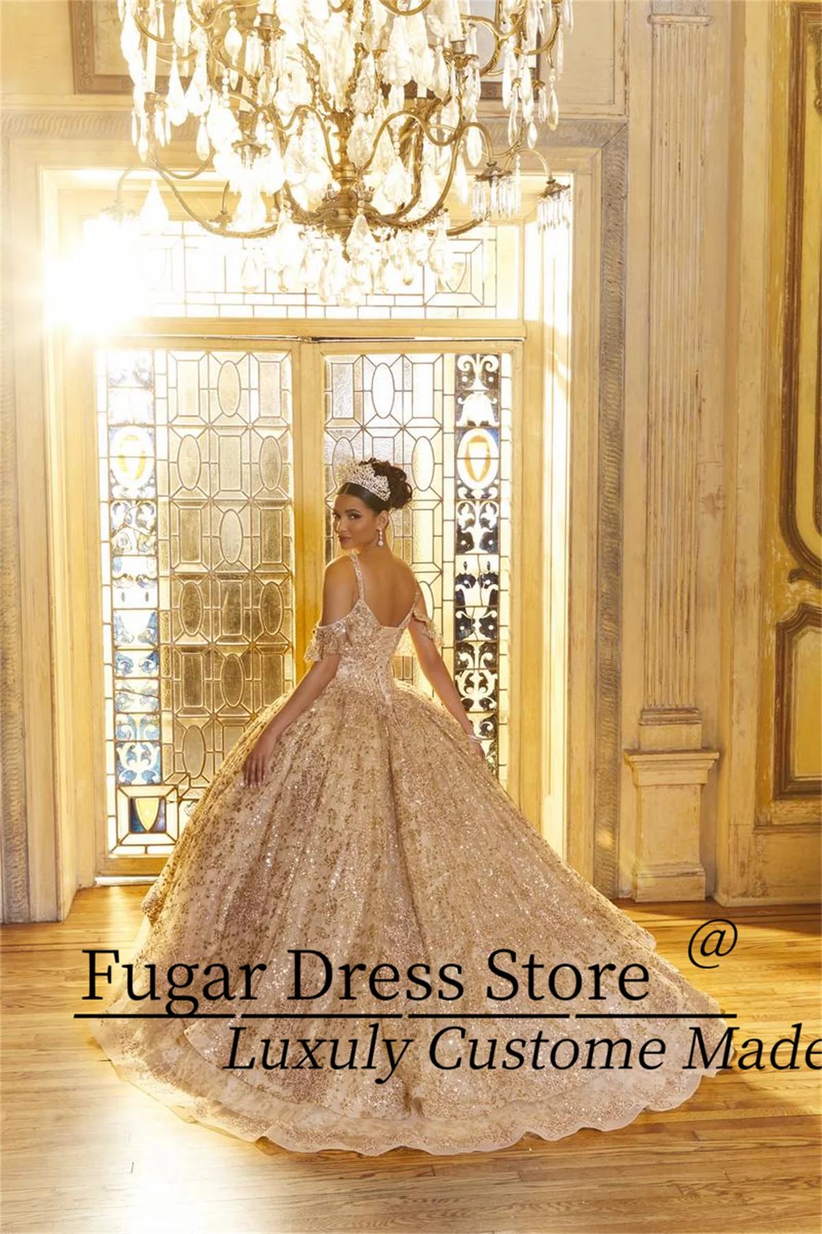 Quinceanera Dresses Off Shoulder Square Neckline Sparkle Glitter Sticker Sweet Party Ball Gown