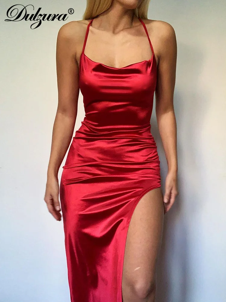

Dulzura Satin 2024 Maxi Dress Straps Backless Spring Summer Outfits Women'S Elegant Evening Party Ruched Solid Club Wholesale