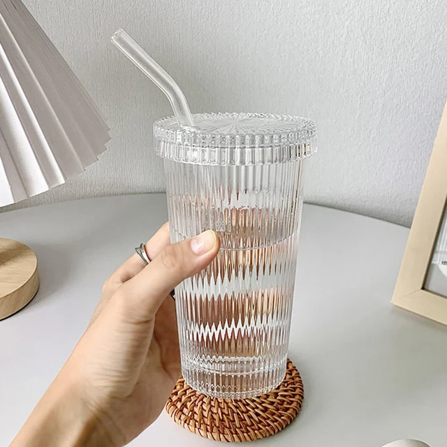 2/1Pcs 375Ml Vertical Stripe Glass Cup With Lid Straw Cup Transparent Ribbed  Tea Coffee Cup Juice Beer Milk Mocha Breakfast Mug - AliExpress