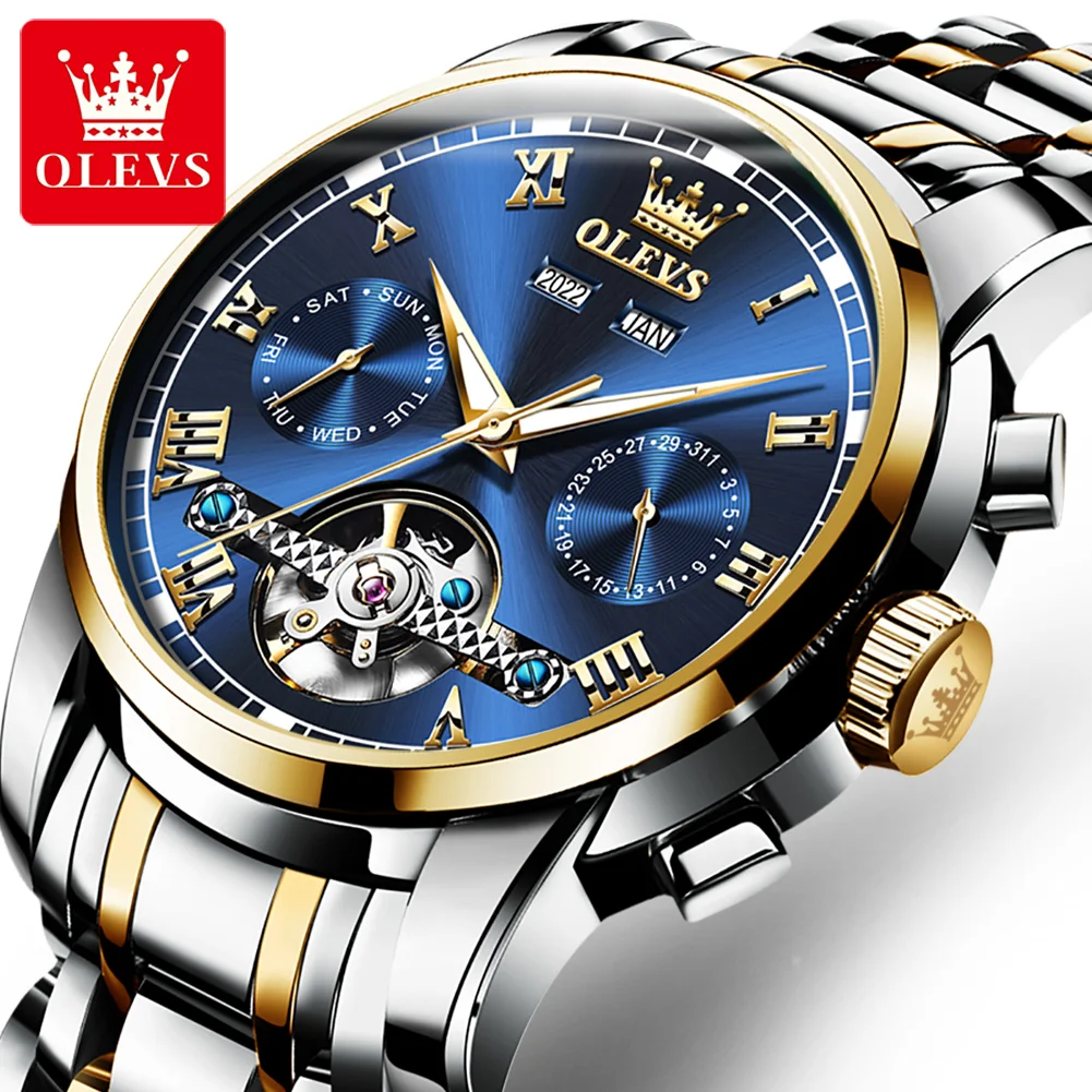

OLEVS 6607 Automatic Mechanical Watch for Men Stainless Steel Strap Waterproof Date Calendar Skeleton Wristwatch Classic