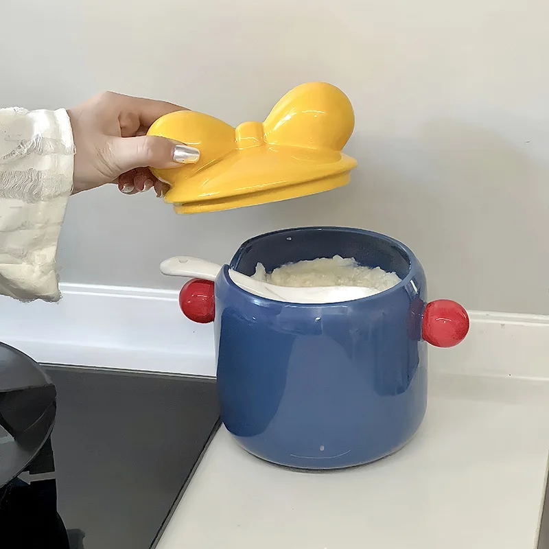 

Cute Ceramic Bowl with Lid Creative Jar Condiment Jar Oil Bowl Soup Bowl Ceramic Mixing Jar Soup Jar Kitchen Supplies