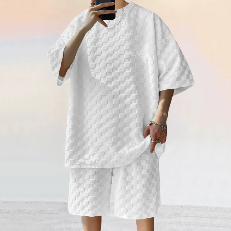 2025 cross-border men's summer new jacquard plaid short-sleeved T-shirt loose large size straight leg casual shorts set 3