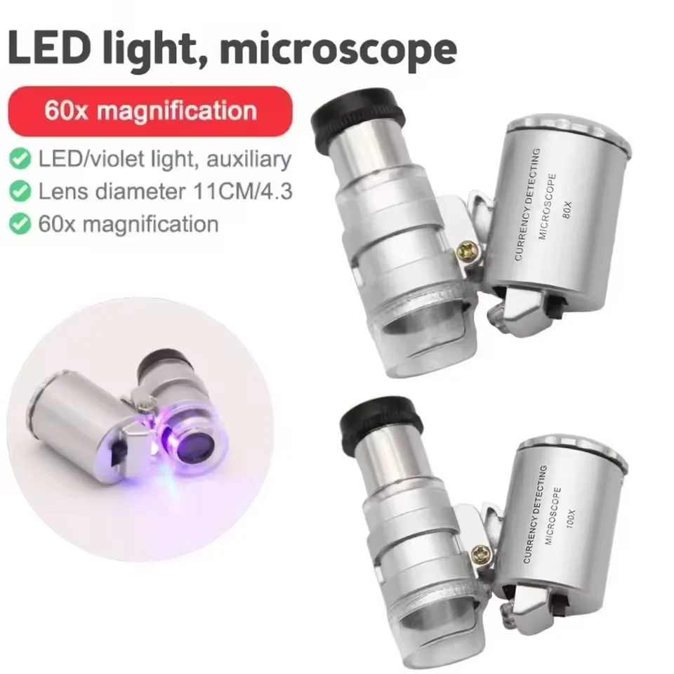 80x/100x LED UV 라이트가 있는 보석상용 루페, 포켓형 확대경, 보석상용 돋보기, 조절 가능한 초점, 동전용 미니 현미경