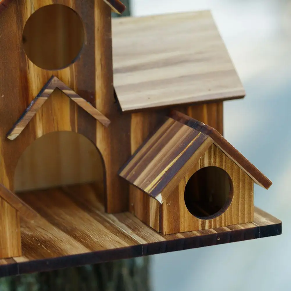 Bird House 5 Hole Outdoor for 5 Bird Families Natural Wood Hanging