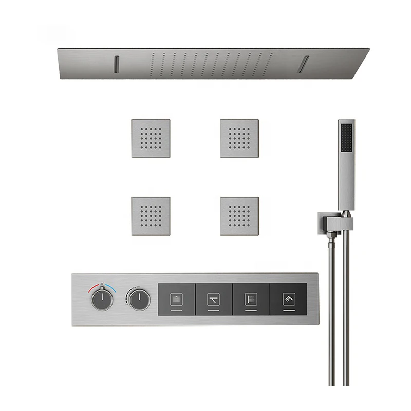 

Luxury 4 Way Diverter Ceiling Mount Rainfall Shower System with Body Jets Button Touch Thermostatic Bathroom Shower Set