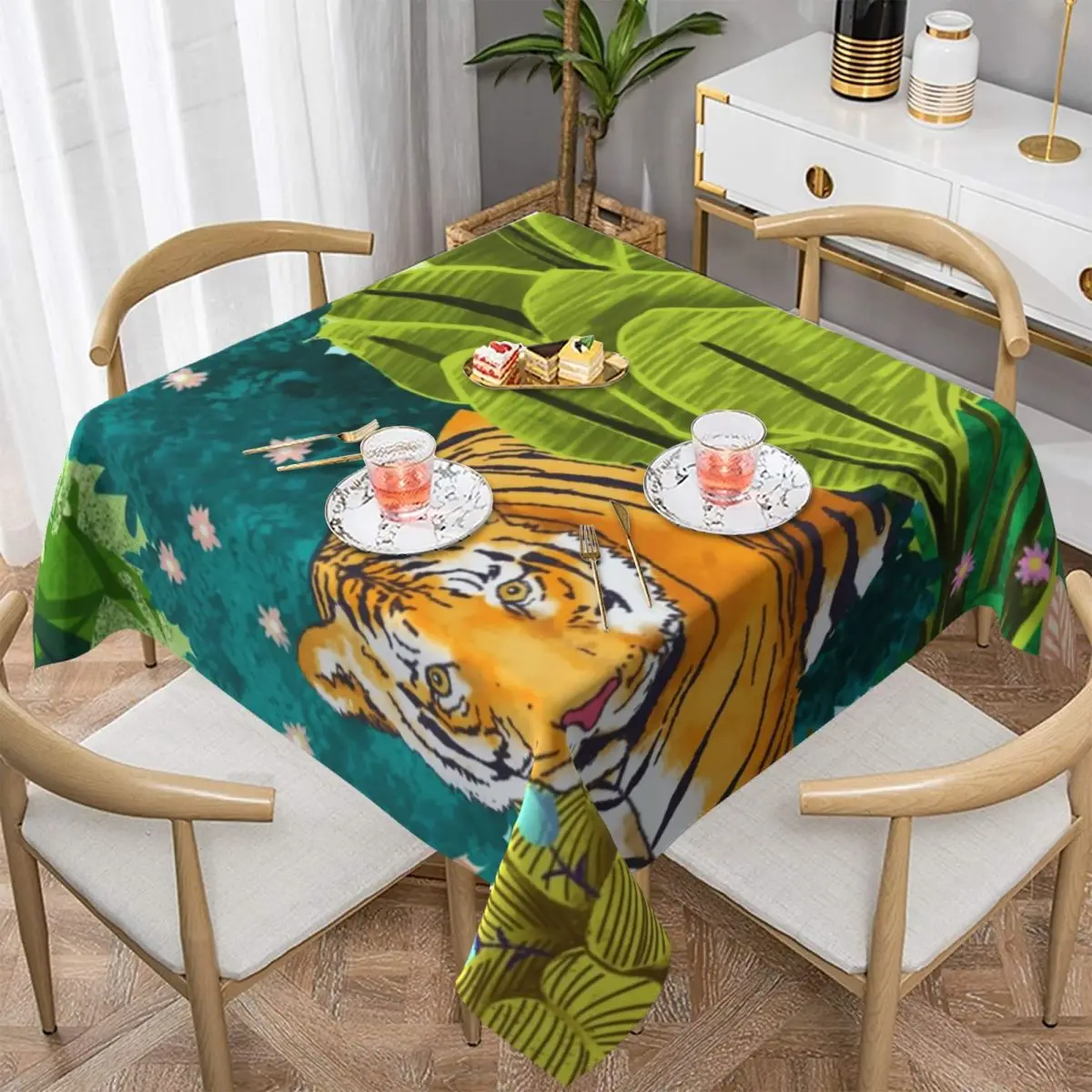 Jungle Tiger Tablecloth Watercolor Wild Leaf Protection Dining Table