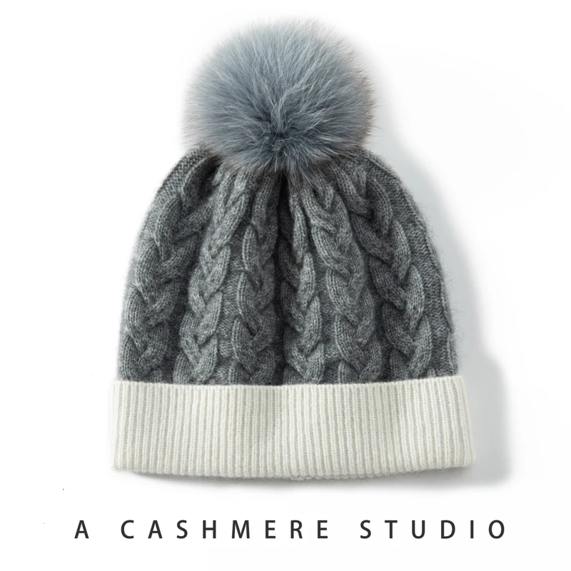 MERRILAMB Natural Cashmere Pom Poms Hat Winter Hat for Women Female Cashmere Knitted Beanies Cap