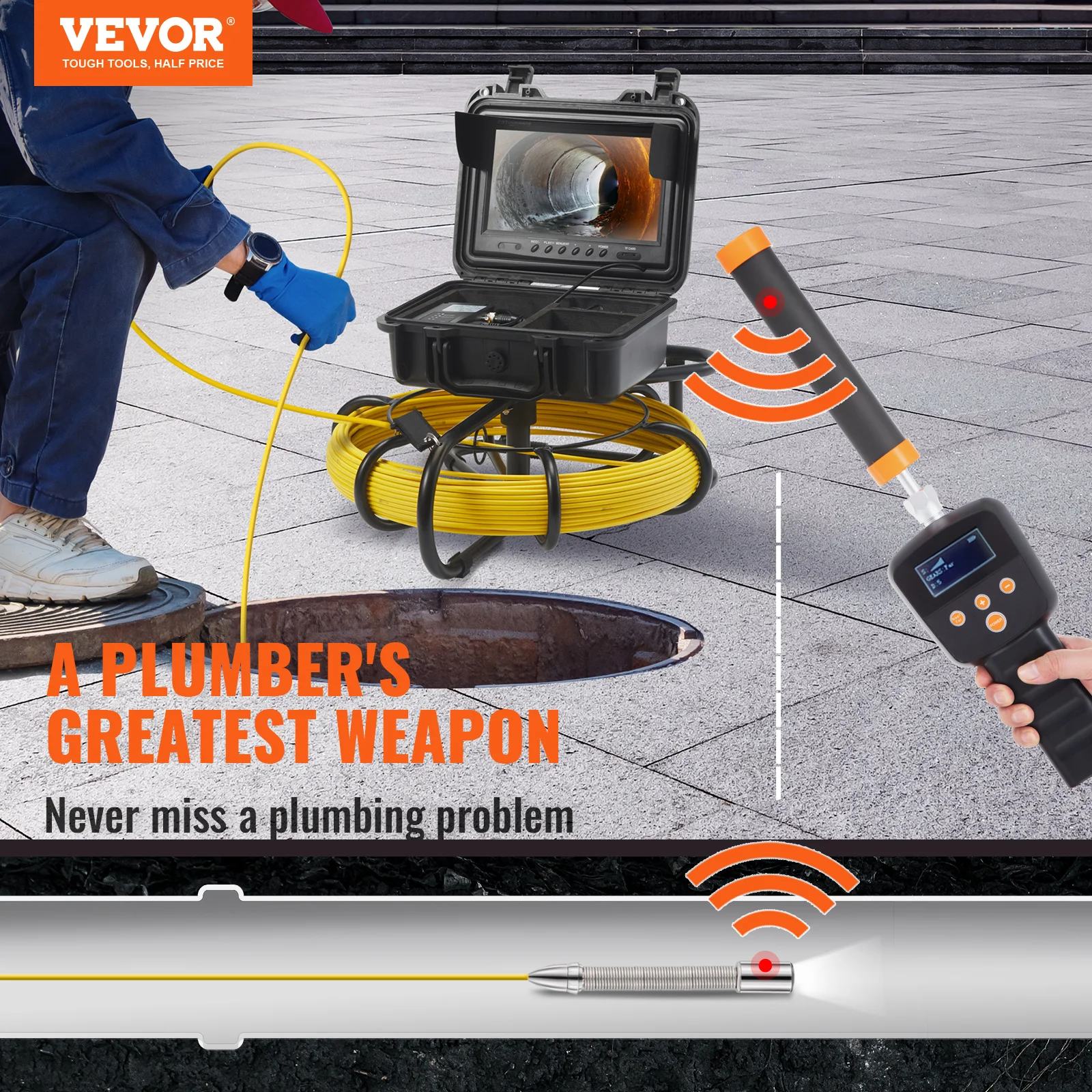 VEVOR DVR Recording Pipe Inspection Camera with 512Hz Locator IP68 9 Drain Sewer Camera w/12 Adjustable LEDs and 16 GB SD Card 2