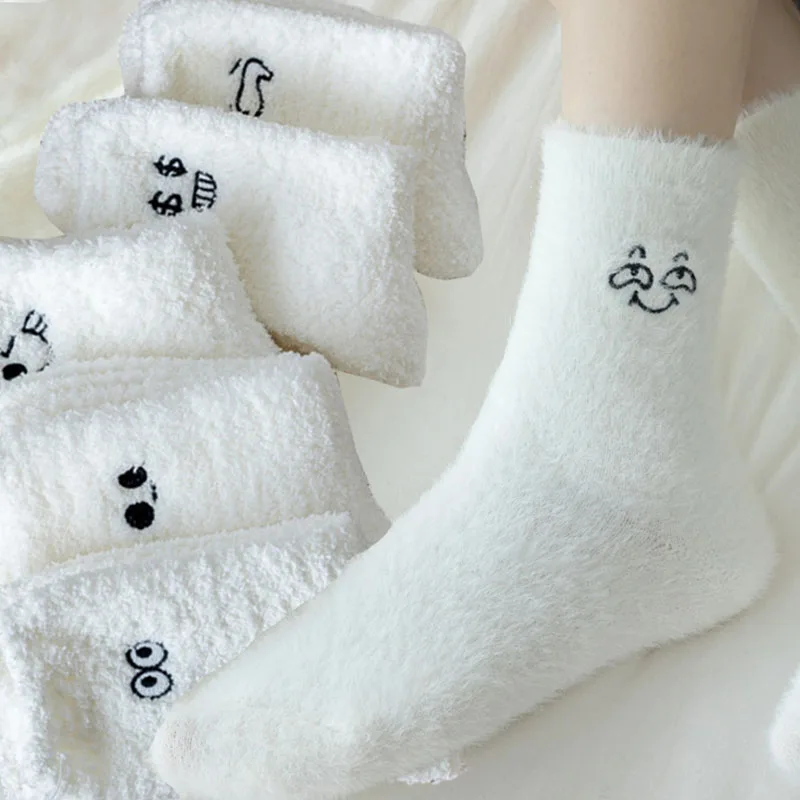 

Mink Plush Cartoon Eyes Socks Women Girls Autumn Winter Thickened Warm Stocking Cold-proof Home Floor Sleeping Mid-tube Socks