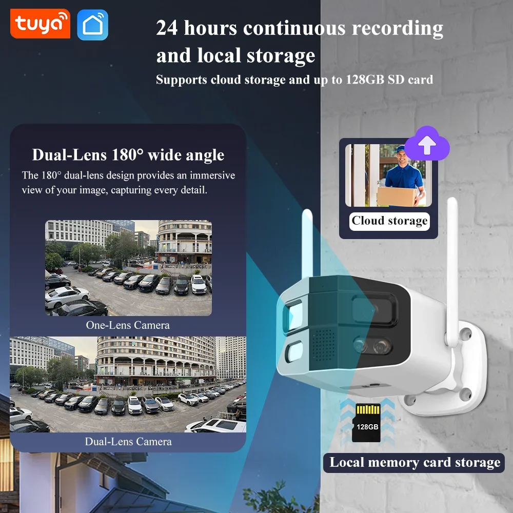 Tuya Smart Life 4K Dual-Lens Large wide 180°Security Outdoor With Color Night Vision Siren 2-Way Talk Waterproof WiFi IP Camera 2