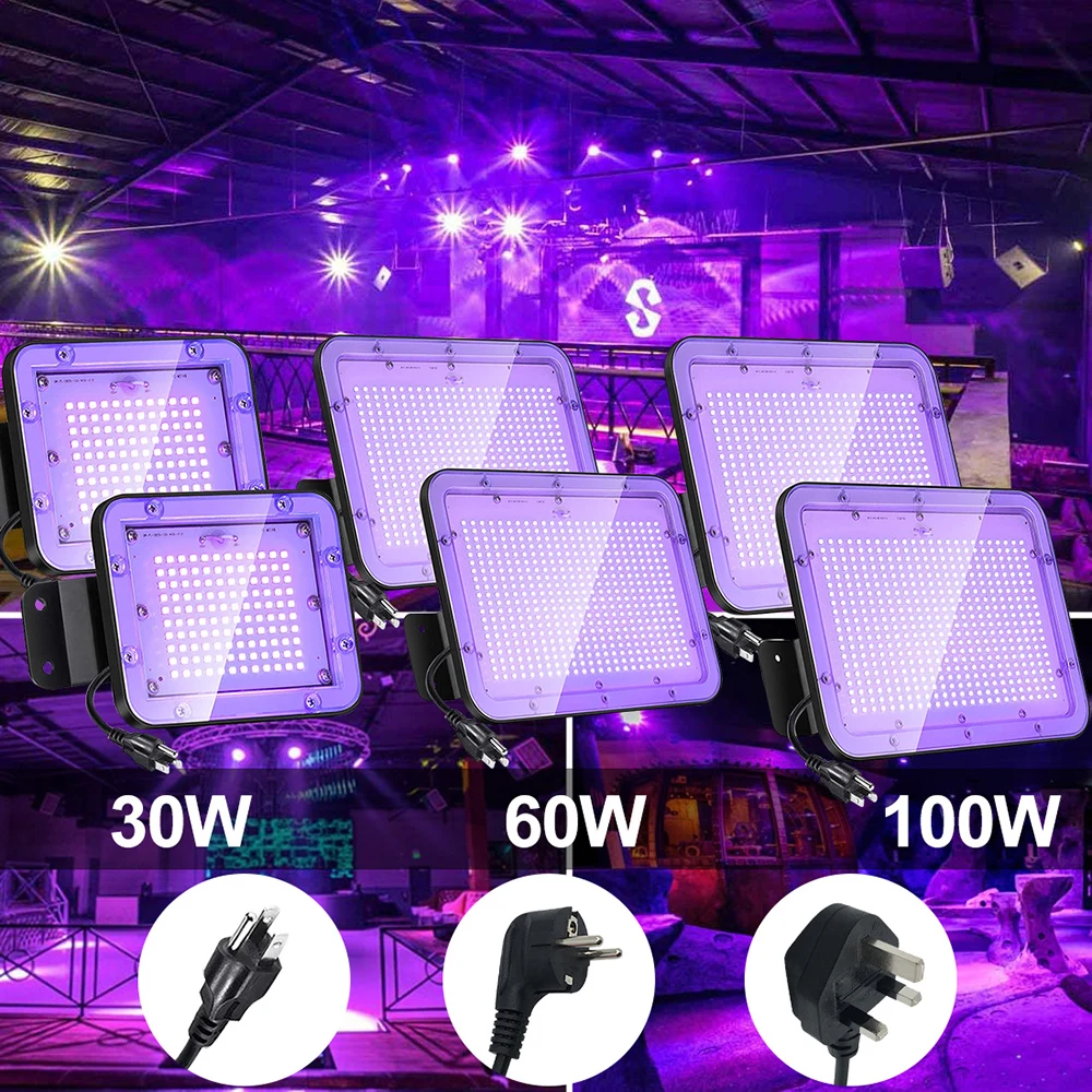 30/60/100W LED UV Flood Light Waterproof IP66 Fluorescent Stage Lamp 100-277V Ultraviolet LED Black Light Party Halloween Decor spiral type ultraviolet uv lamp 20w 40w black light blue bulb fluorescent detection lamp e27 220v 110v violet lamp bait decor