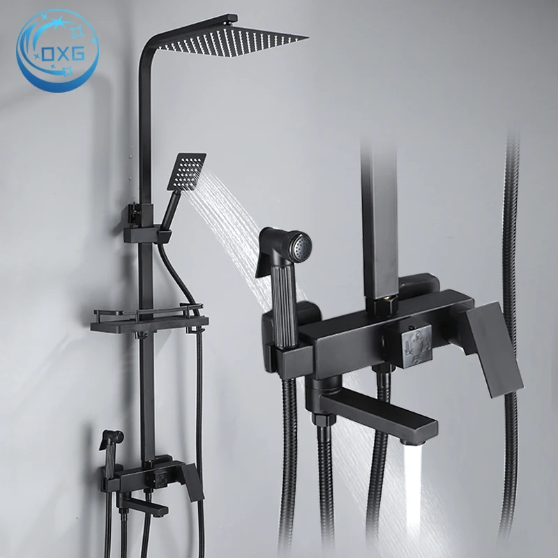 OXG Black/Chrome Brass Shower Faucet Bathroom Shower Mixer Crane Rotatable Long Spout Rain Set Spray Column bathroom shower faucet set bathroom faucet