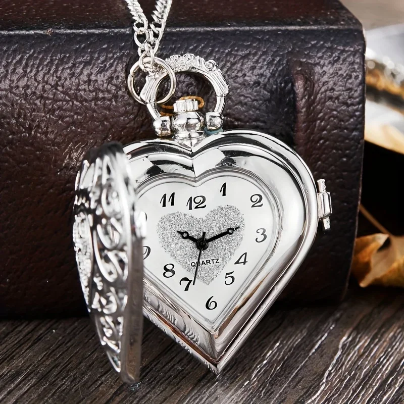 Retro Heart Pointer Quartz Pocket Watch - Hollow Out Analog Necklace Chain Pendant Watch - Perfect Valentines Gift for Her  Him