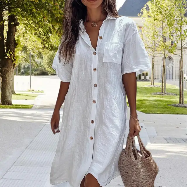 Vestidos Verano Mujer 2025 Playa ACWUMU Vestido Camisero De Lino