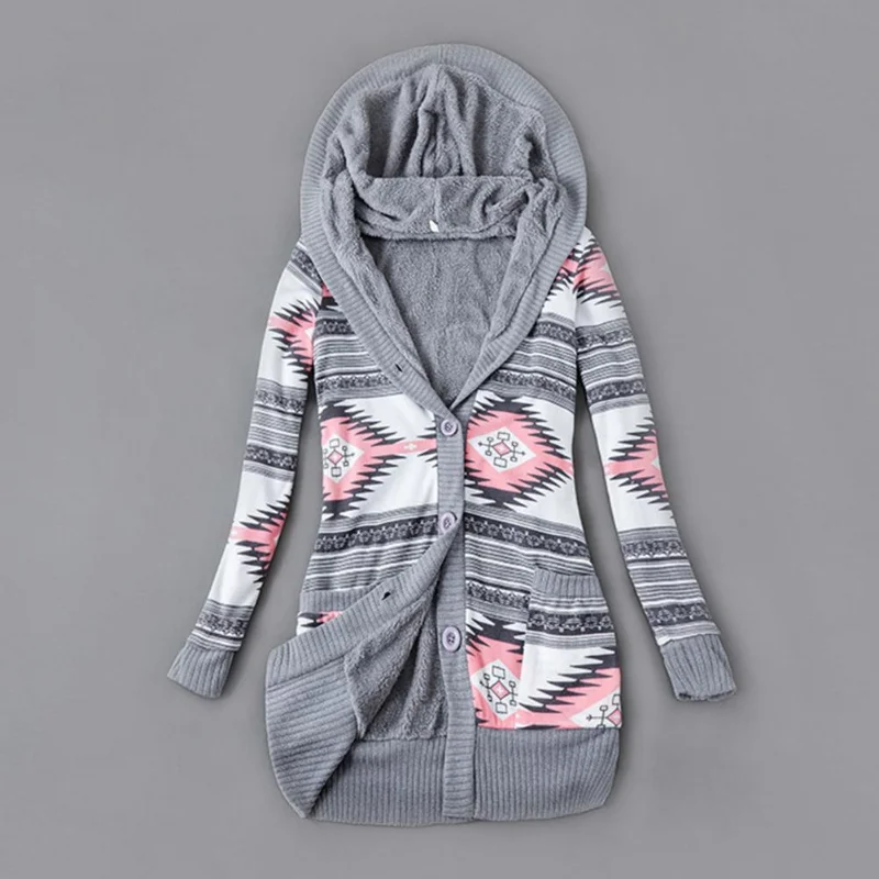 Lady Winter Hooded Fleece Liner Cardigan Knitted Sweater Coat