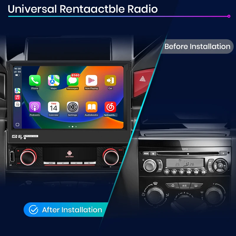 Junsun 7 "Tela táctil IPS retráctil automática Universal 1 Din inalámbrico CarPlay Android Auto Radio estéreo para coche navegación GPS 3